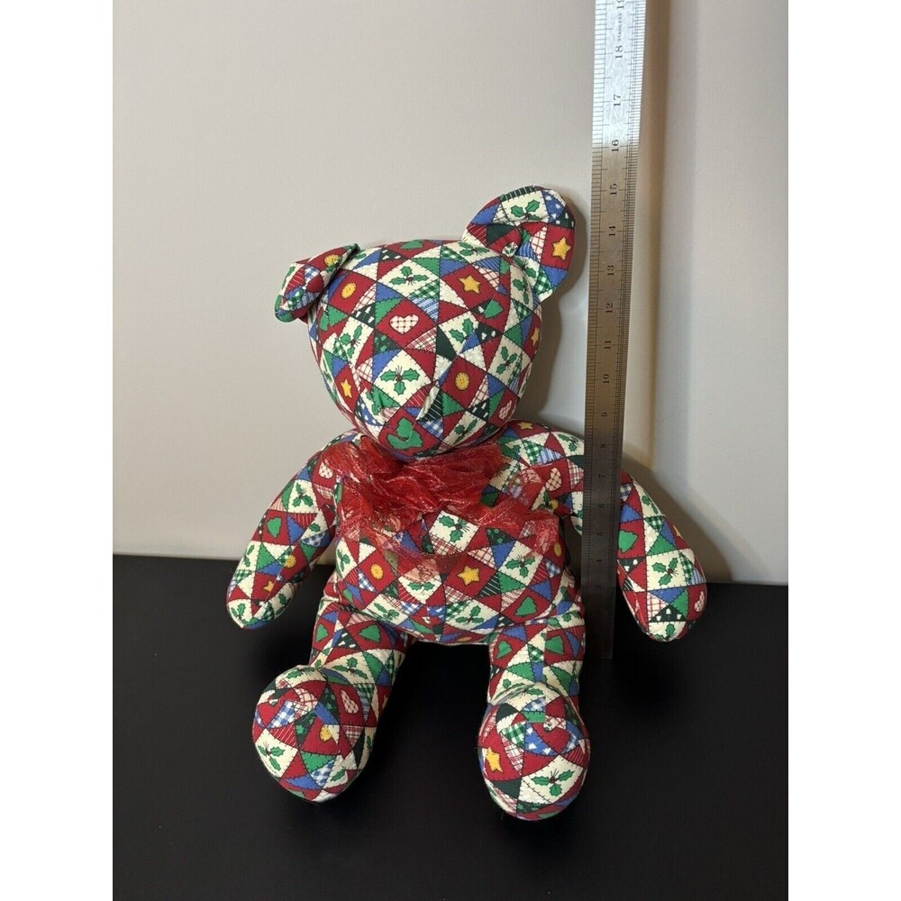 Vintage - Style Patchwork Christmas Teddy Bear  Quilted Fabric Plush Decor
